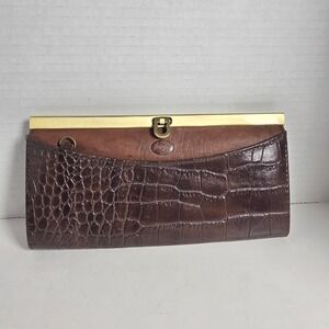 Buxton Designer‎ Brown Croc Bronze Metal Slide Lock Accordion Clutch Wallet